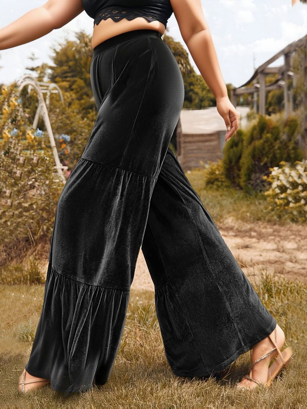 Plus Size Velvet Ruffle Hem Wide Leg Pants
