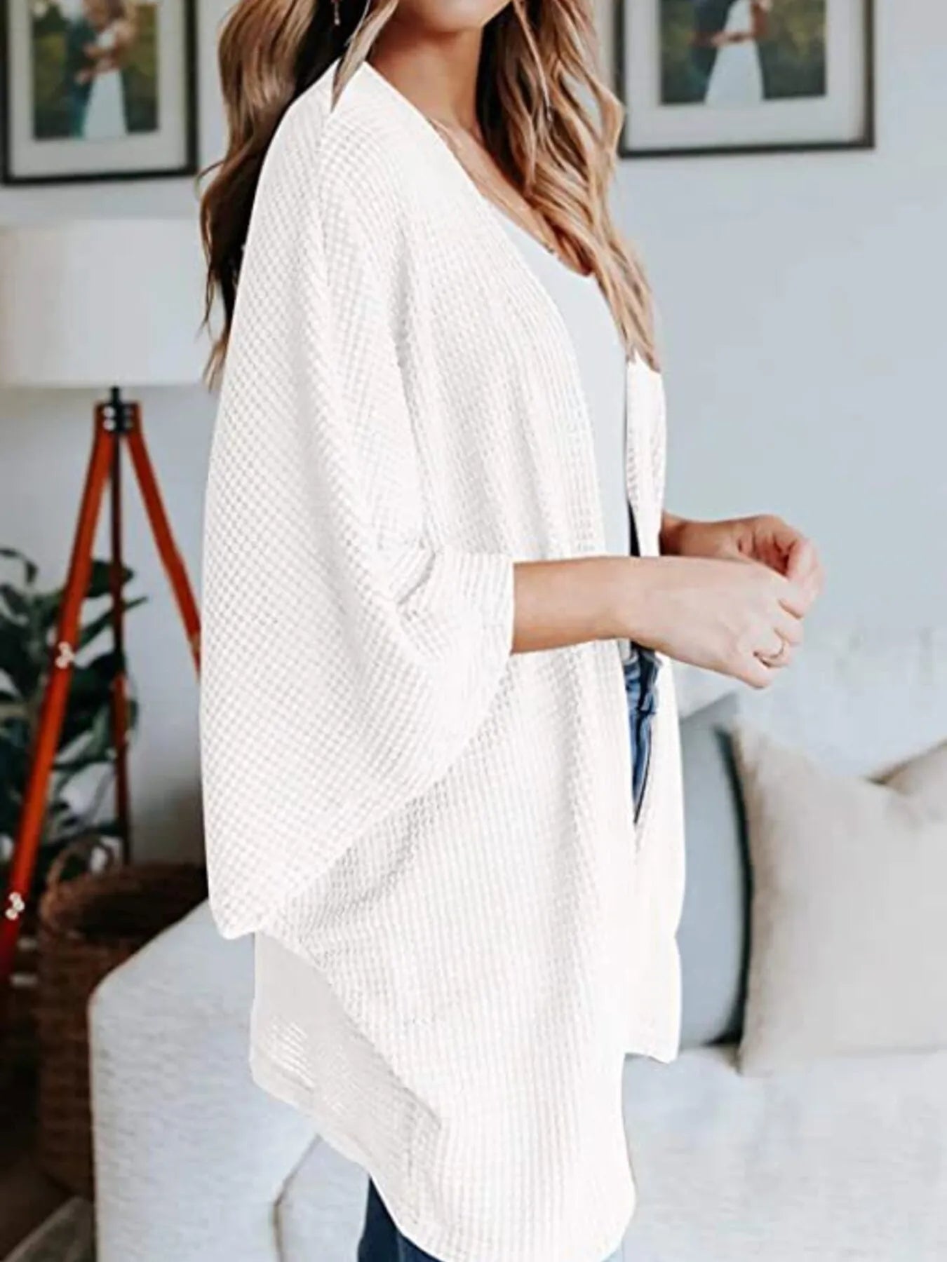 Full Size Open Front Waffle Knit Cardigan Plus Size