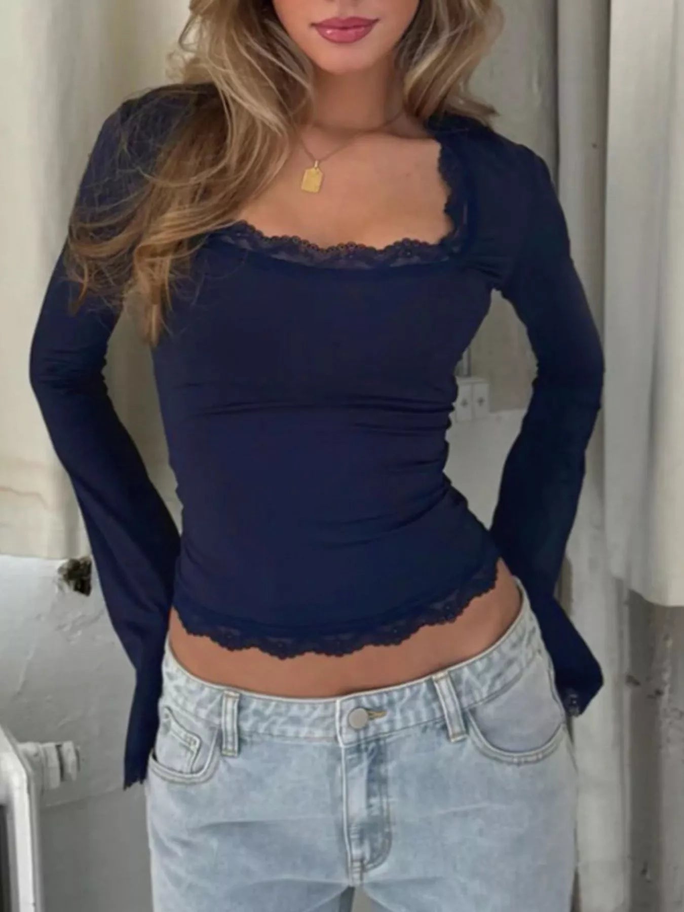 Lace Trim Square Neck Long Sleeve Top
