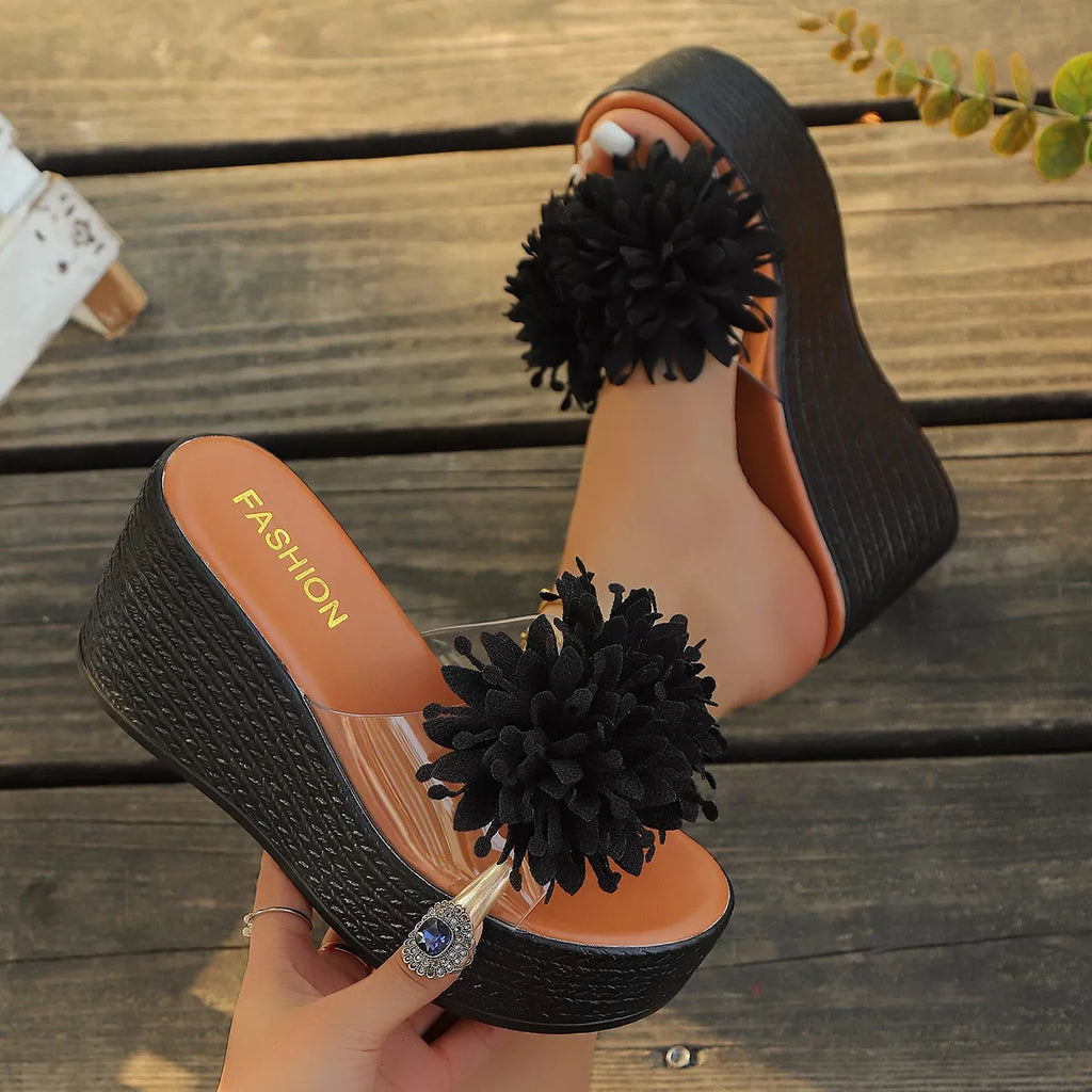 Floral Decor Platform Wedge Sandals