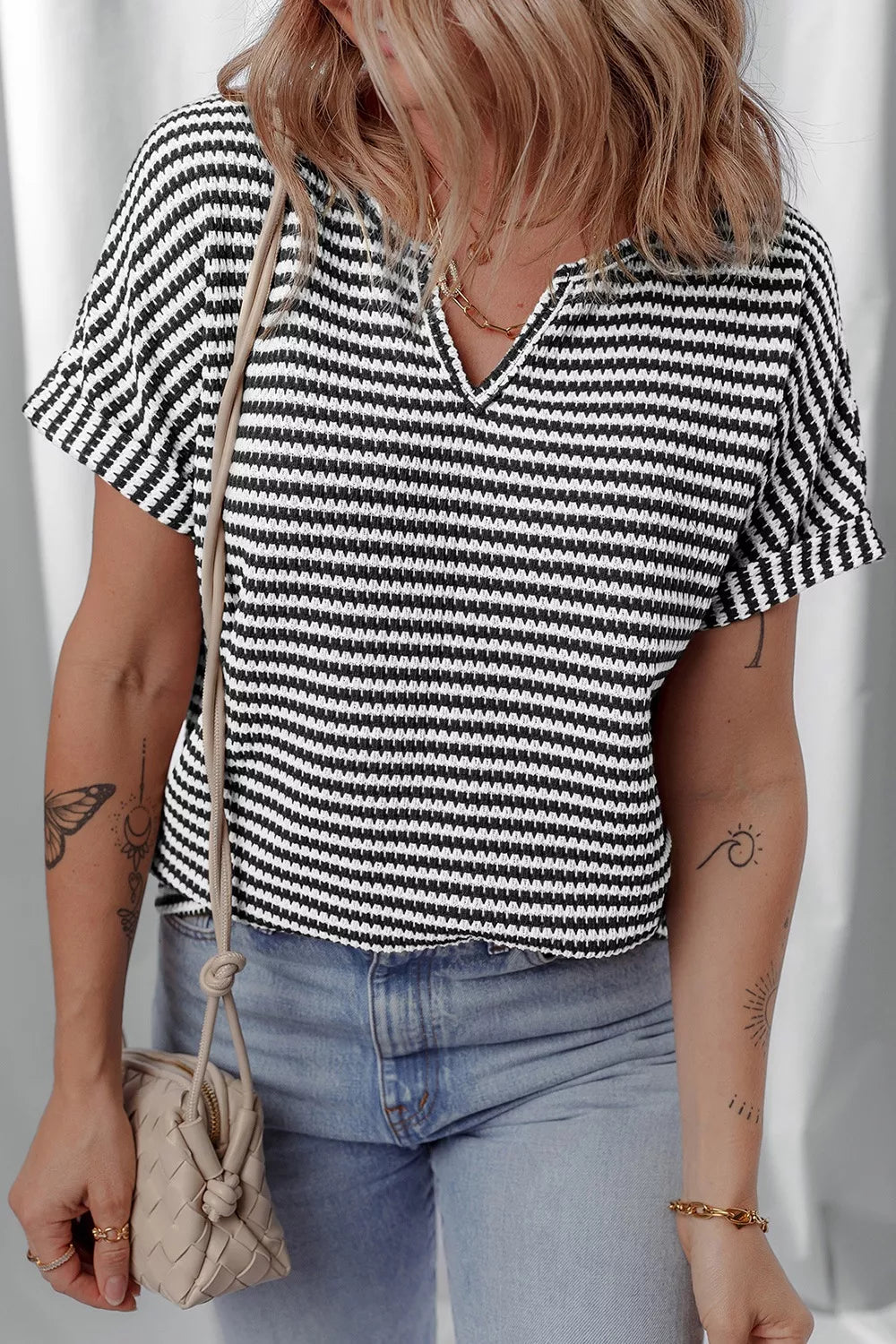 Stripe Textured Knit Notched Neck Cuffed Short Sleeve Top