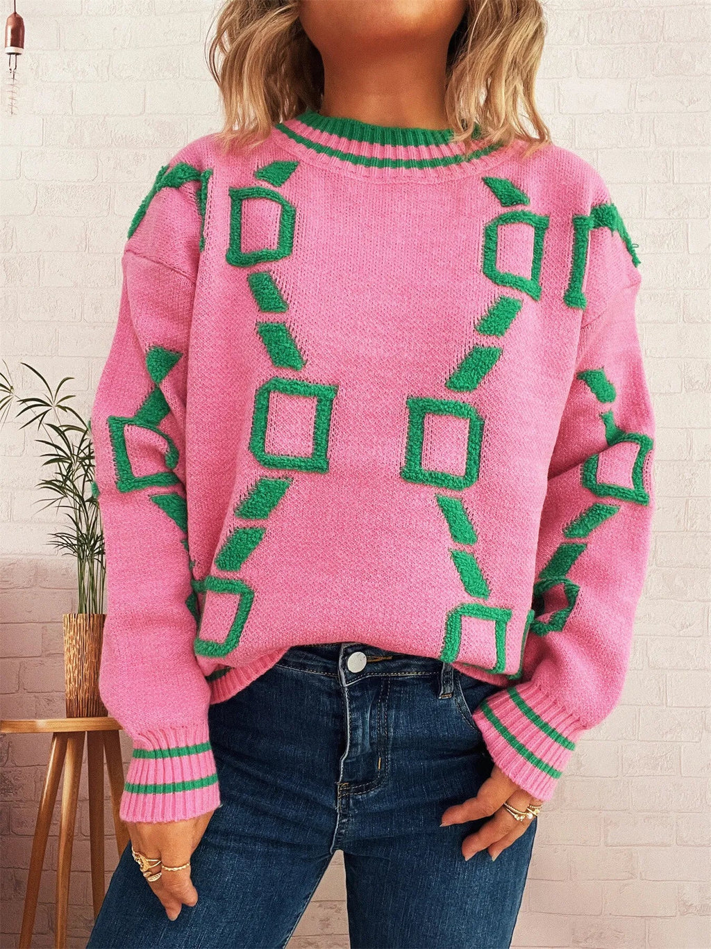 Contrast Round Neck Long Sleeve Sweater