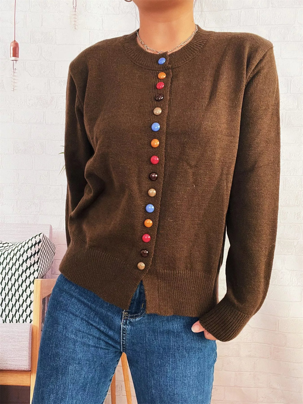 Button-Front Cardigan with Colorful Detail Buttons