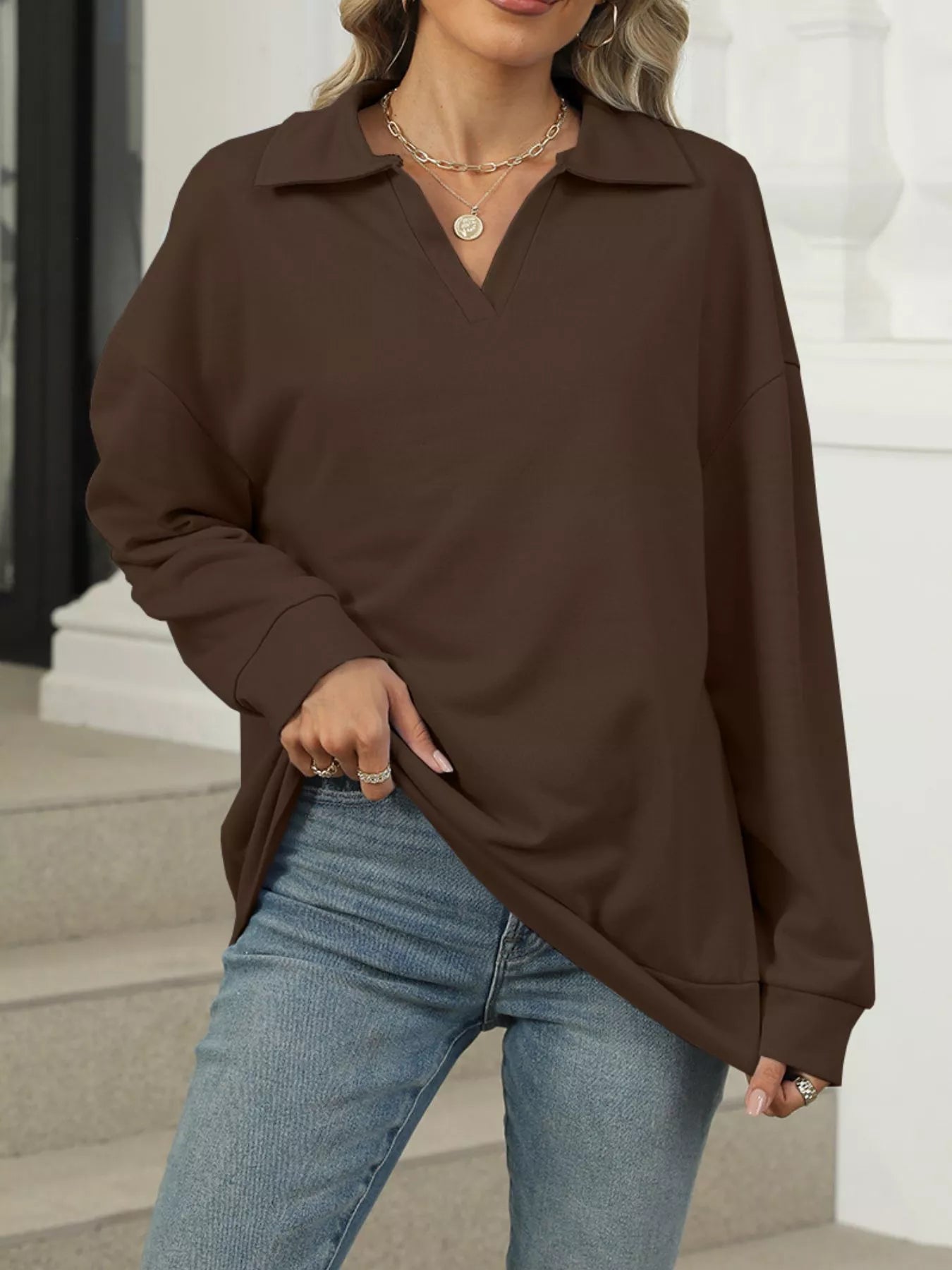 Johnny Collar Drop Shoulder Long Sleeve Sweatshirt