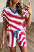 Stripe Colorblock Trim V Neck Tee Drawstring Elastic Waist Shorts Set
