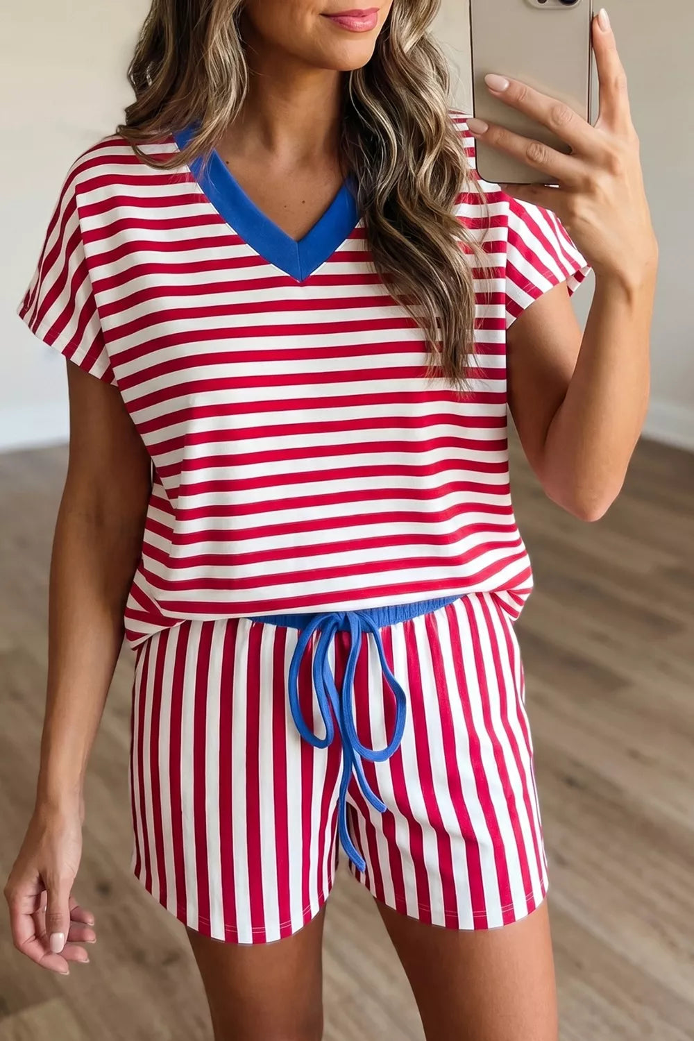 Stripe Colorblock Trim V Neck Tee Drawstring Elastic Waist Shorts Set