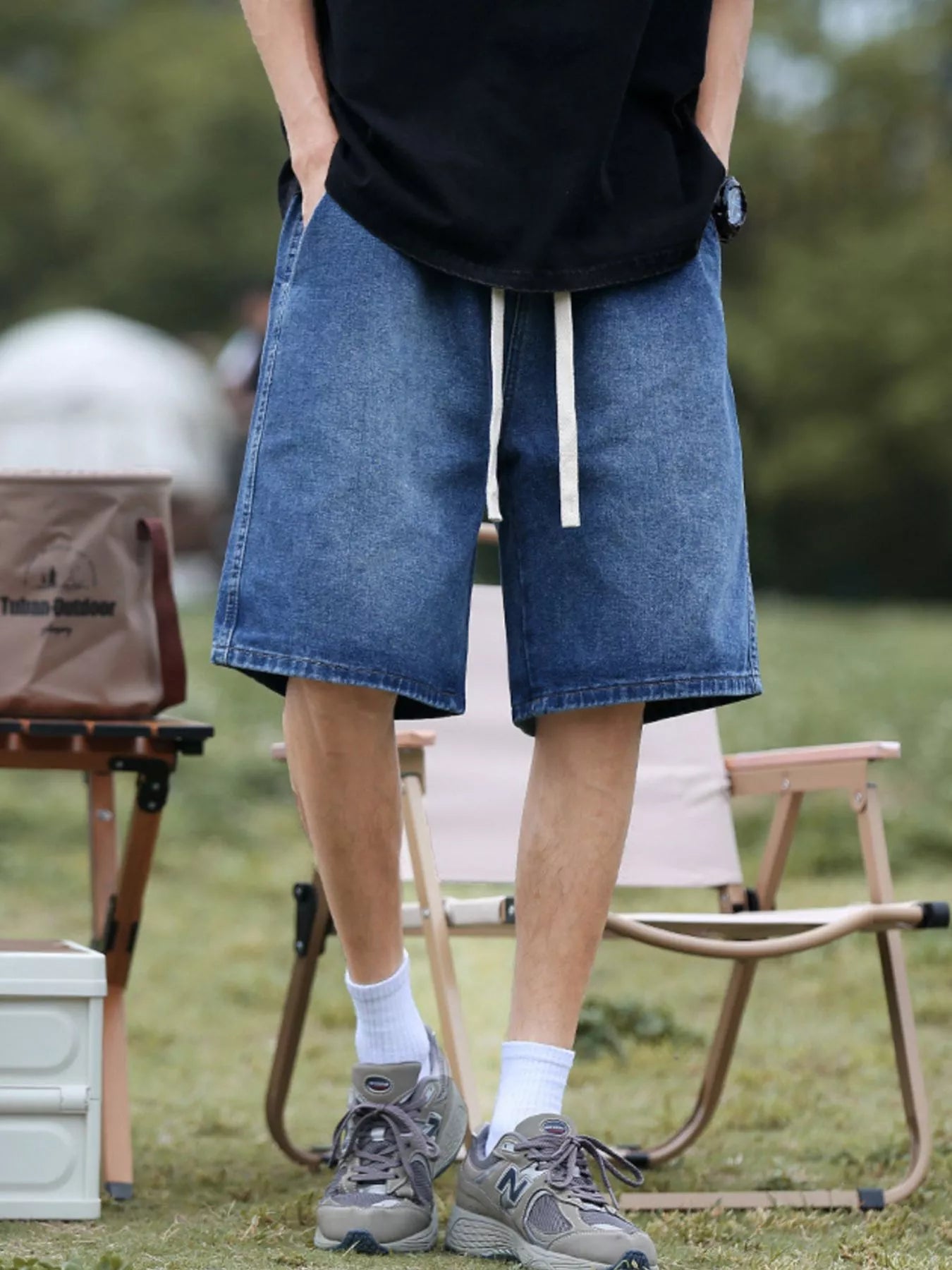 Men's Plus Size Loose Fit Denim Shorts with Drawstring
