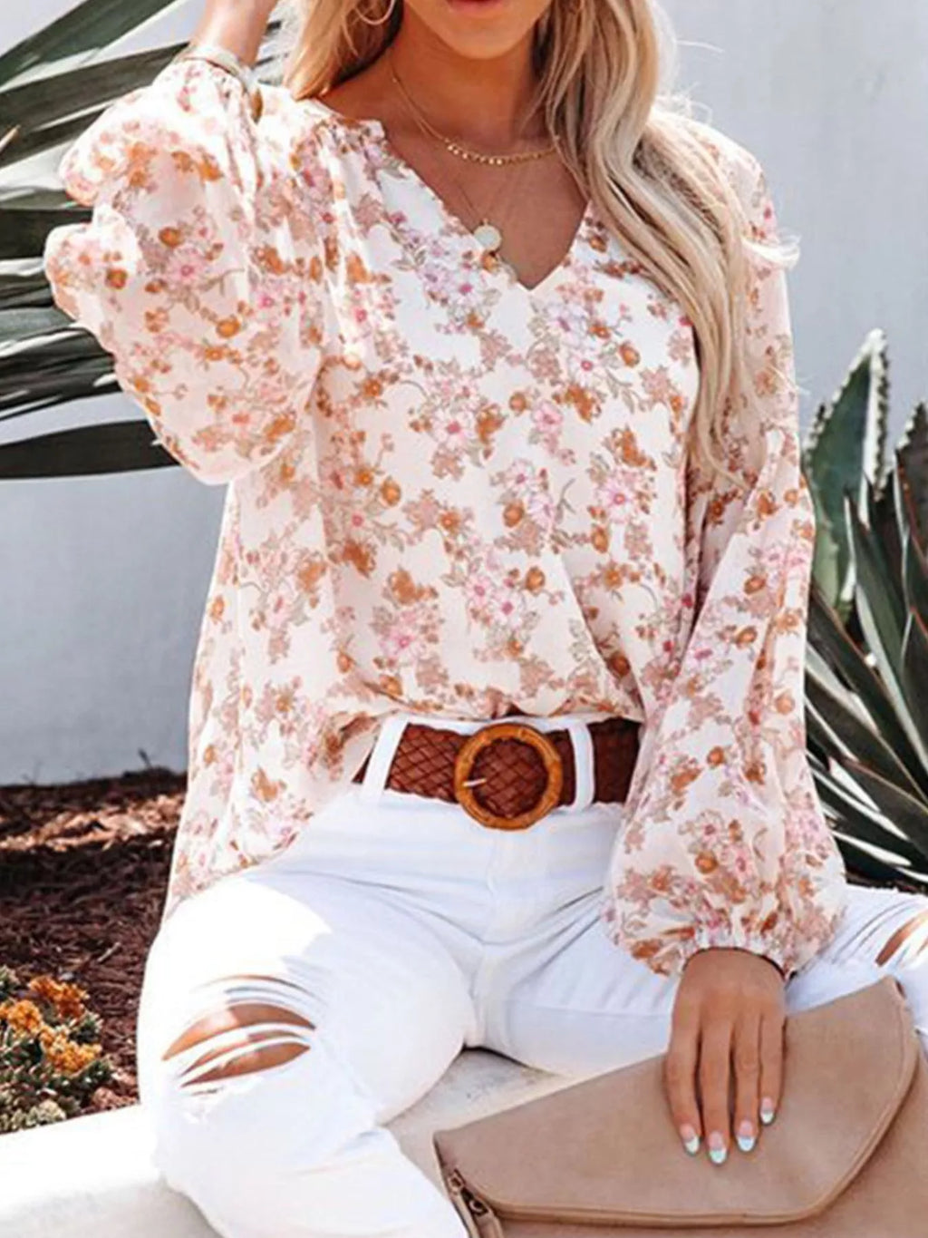 Full Size Floral Print V-Neck Long Sleeve Blouse Plus Size