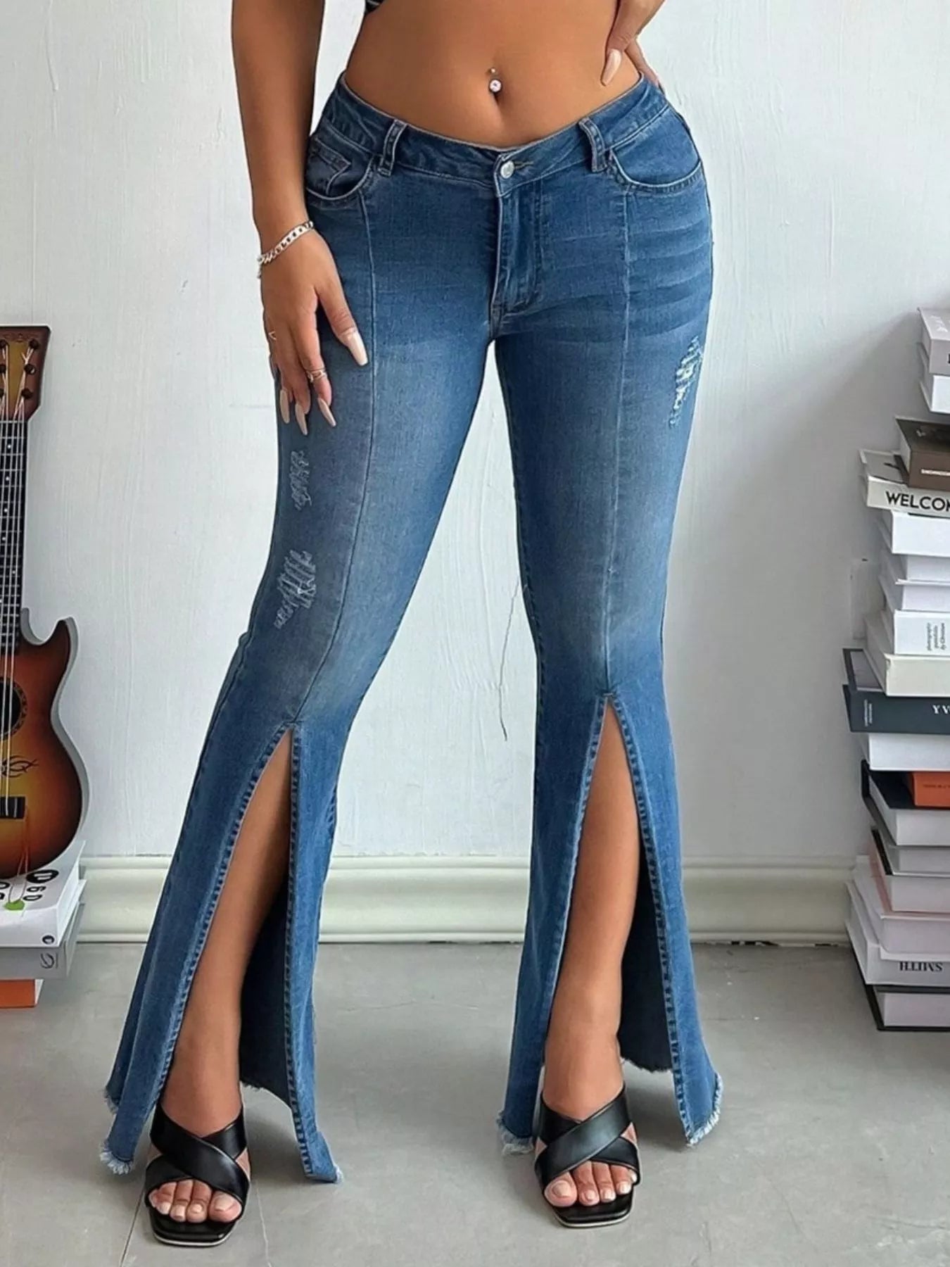 Distressed Slit Flare Jeans