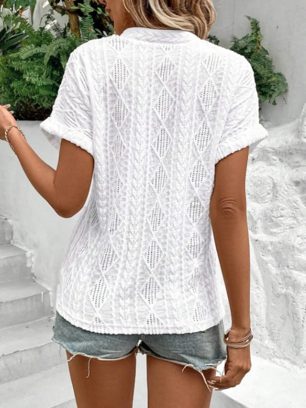 Openwork Notched Short Sleeve Blouse