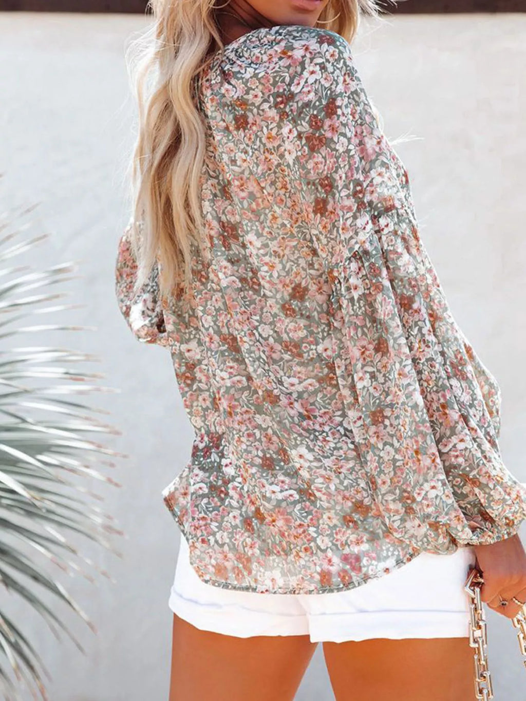 Full Size Floral Print V-Neck Long Sleeve Blouse Plus Size