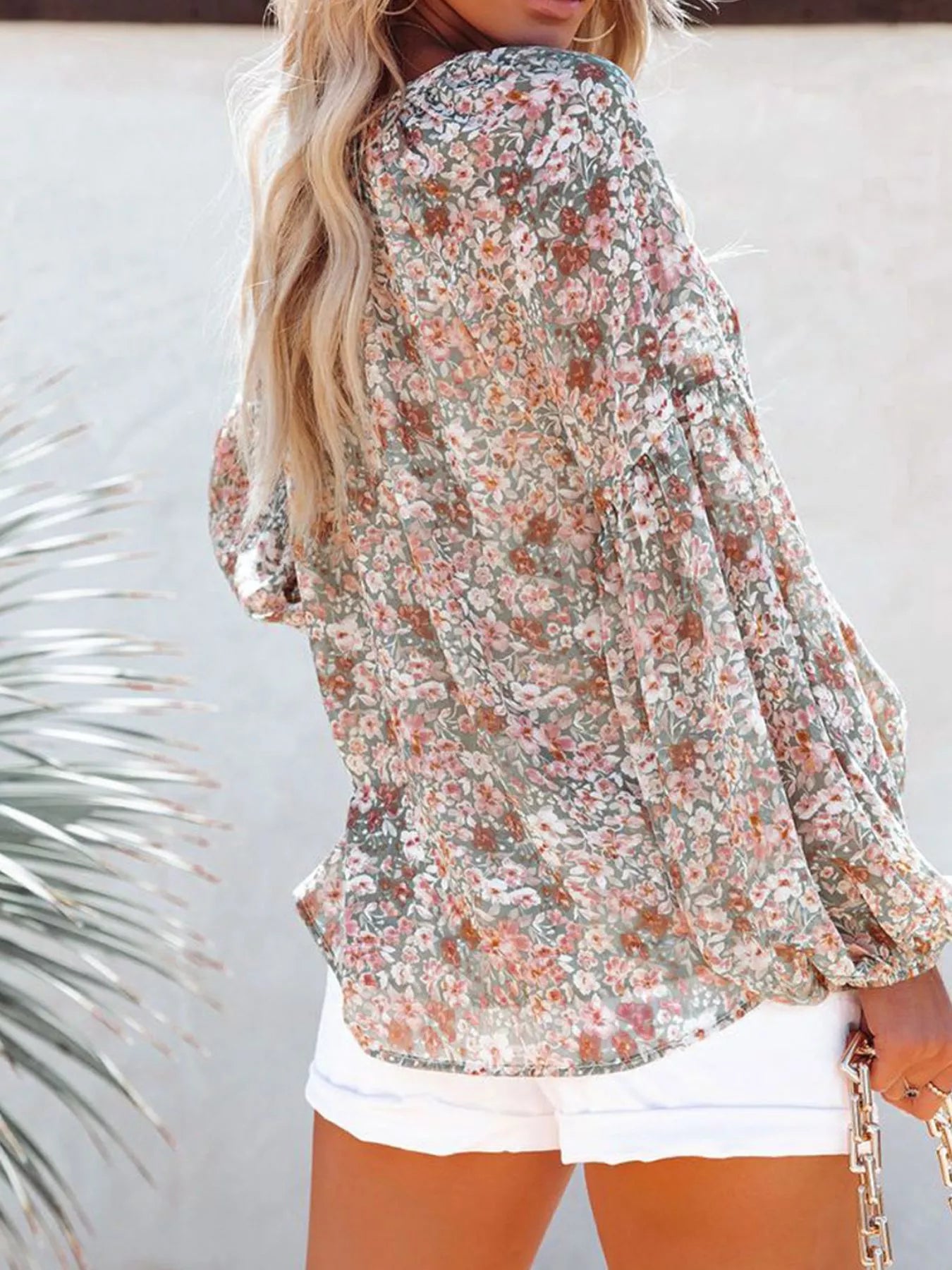 Full Size Floral Print V-Neck Long Sleeve Blouse Plus Size