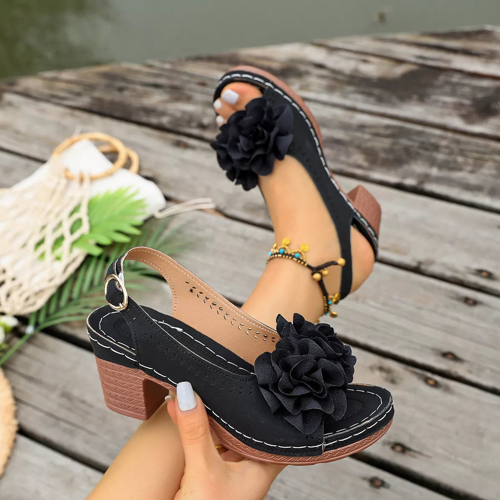 Floral Decor Chunky Heel Sandals