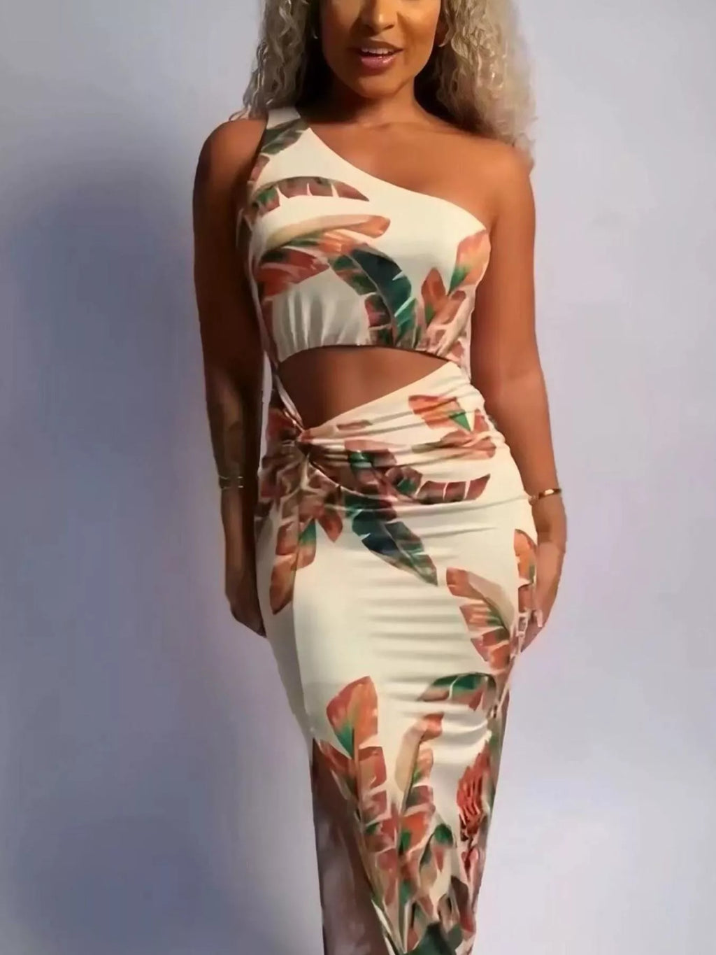 Tropical Print One-Shoulder Cut-Out Maxi Dress