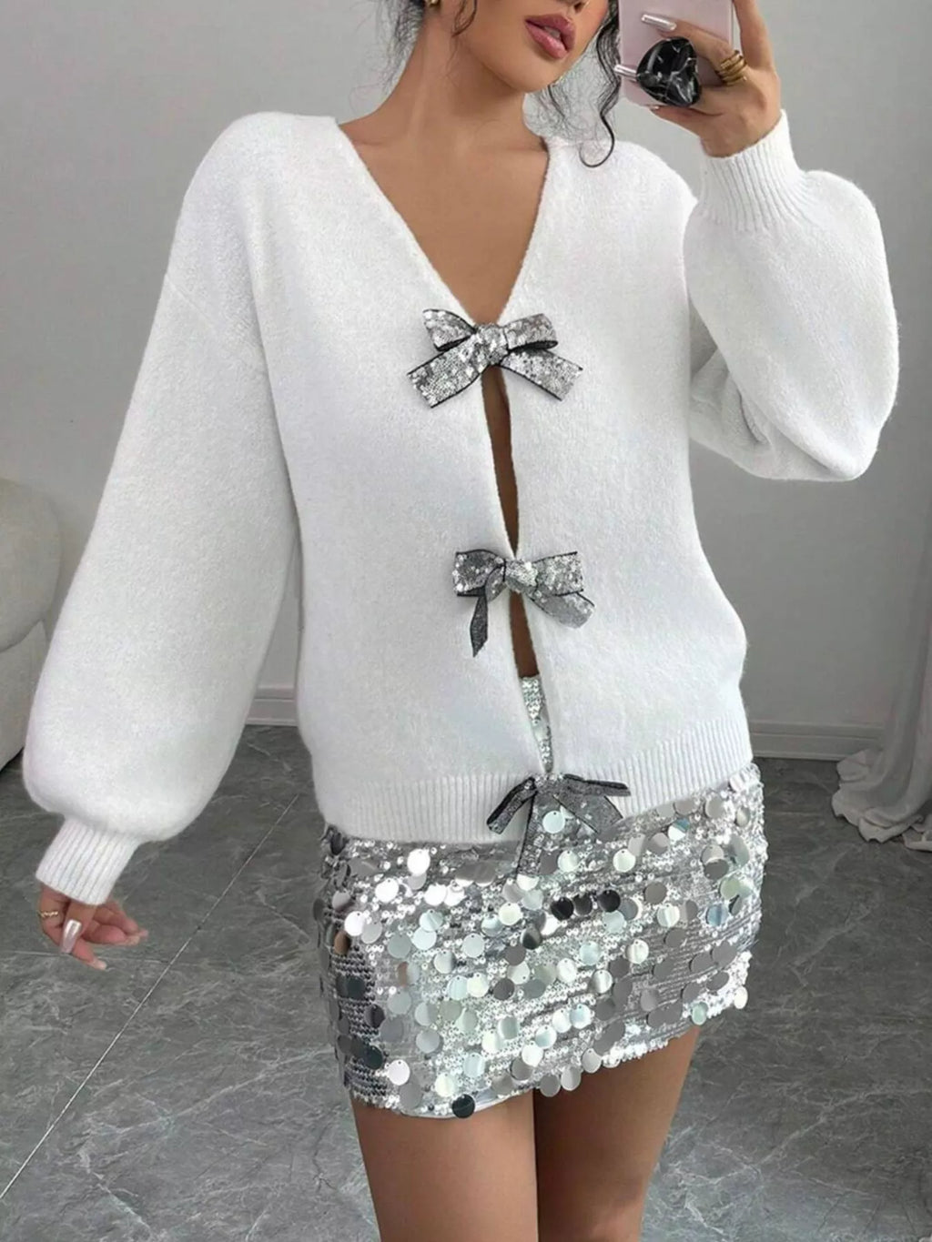 Bow-Decor Dropped Shoulder Knit Cardigan