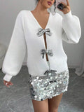 Bow-Decor Dropped Shoulder Knit Cardigan