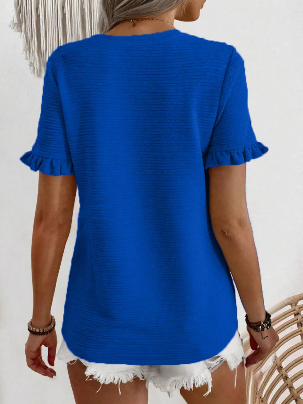 Textured Ruffle Sleeve Round Neck T-Shirt