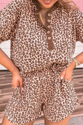 Leopard Print Ribbed Patchwork Half Button Loose Tee Elastic Waist Short 2pcs Set