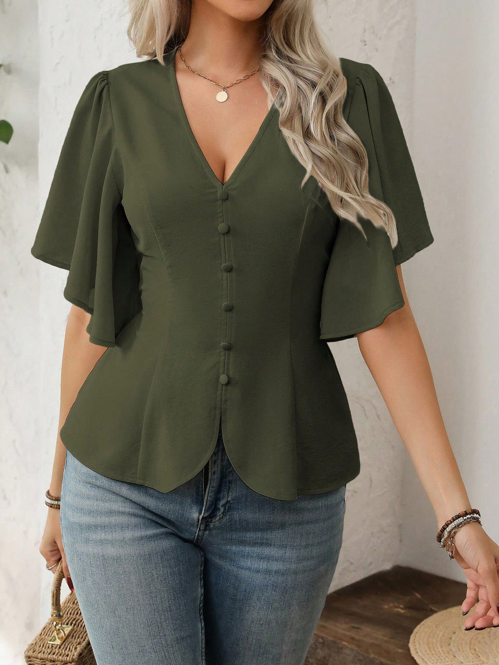 V-Neck Flutter Sleeve Blouse