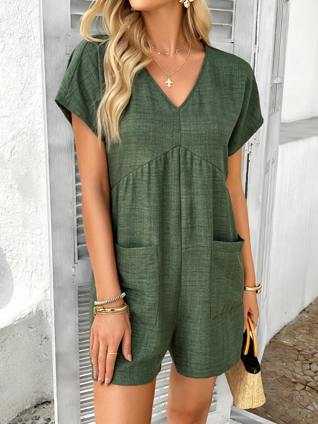 V-Neck Casual Short Sleeve Romper with Pockets