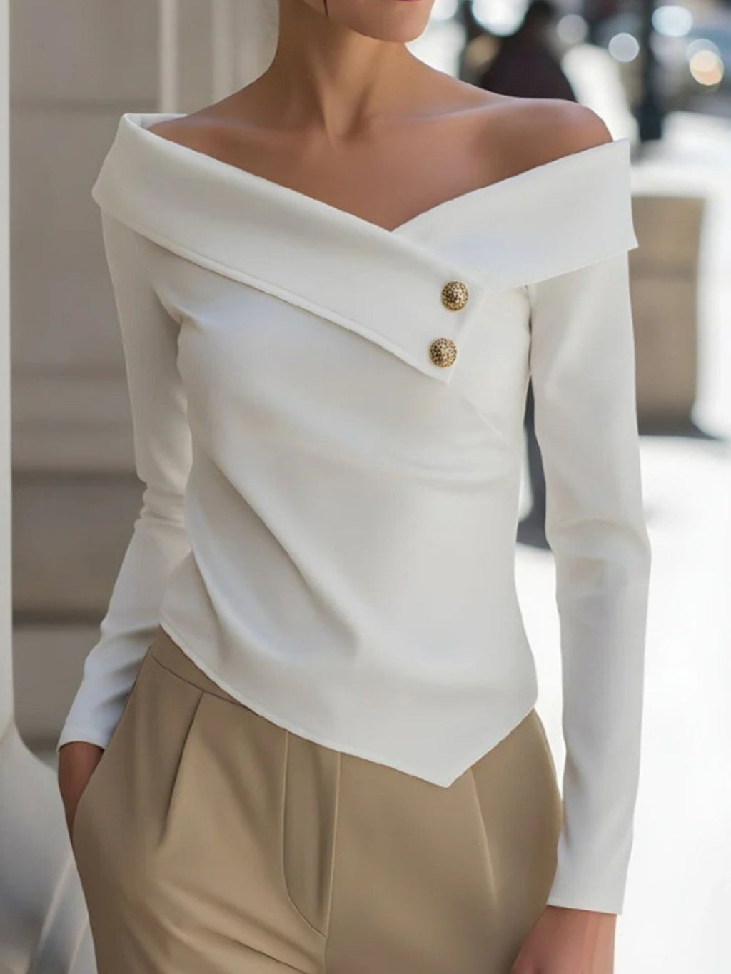 Off-Shoulder Button Decor Blouse
