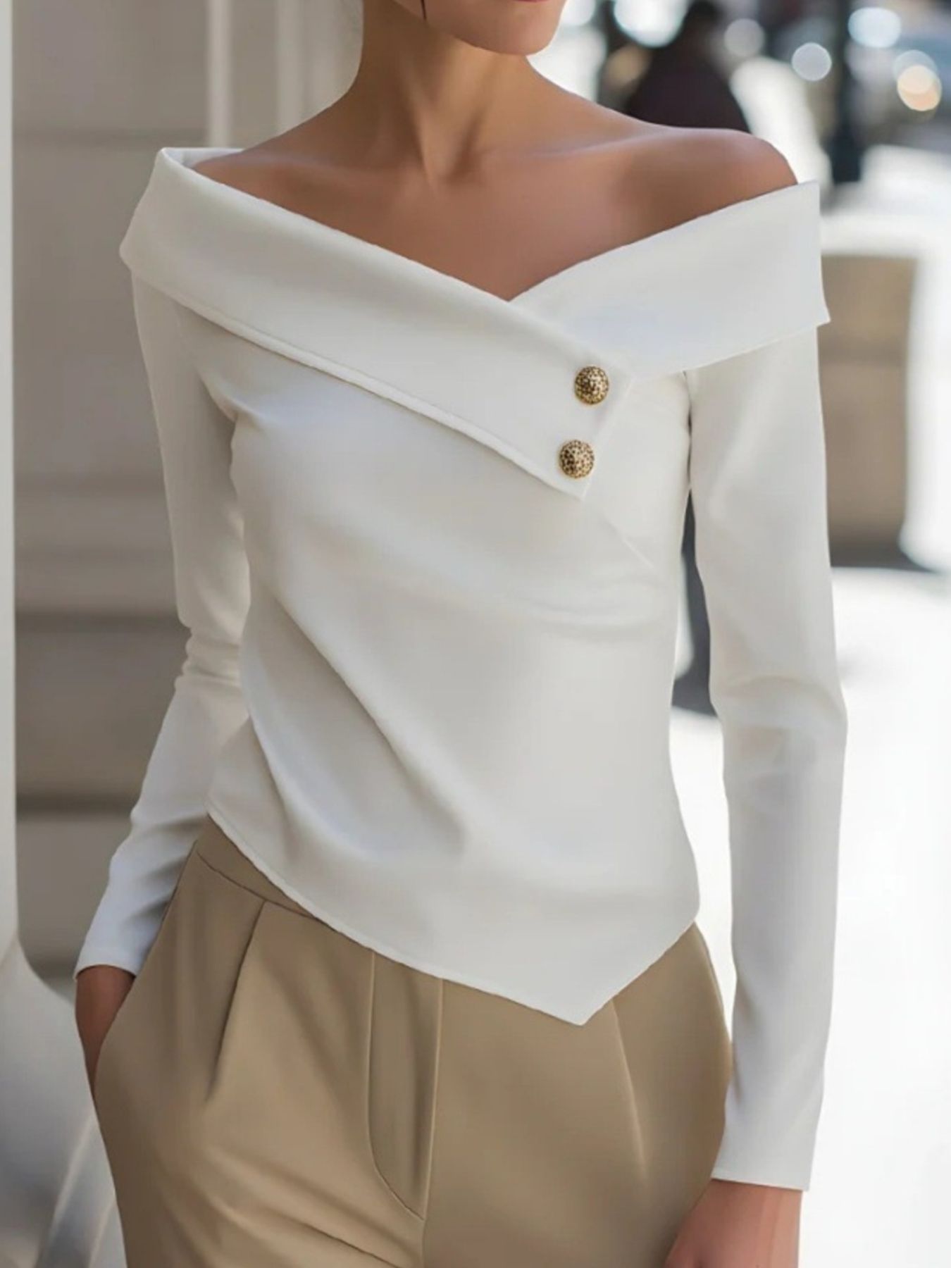 Off-Shoulder Button Decor Blouse