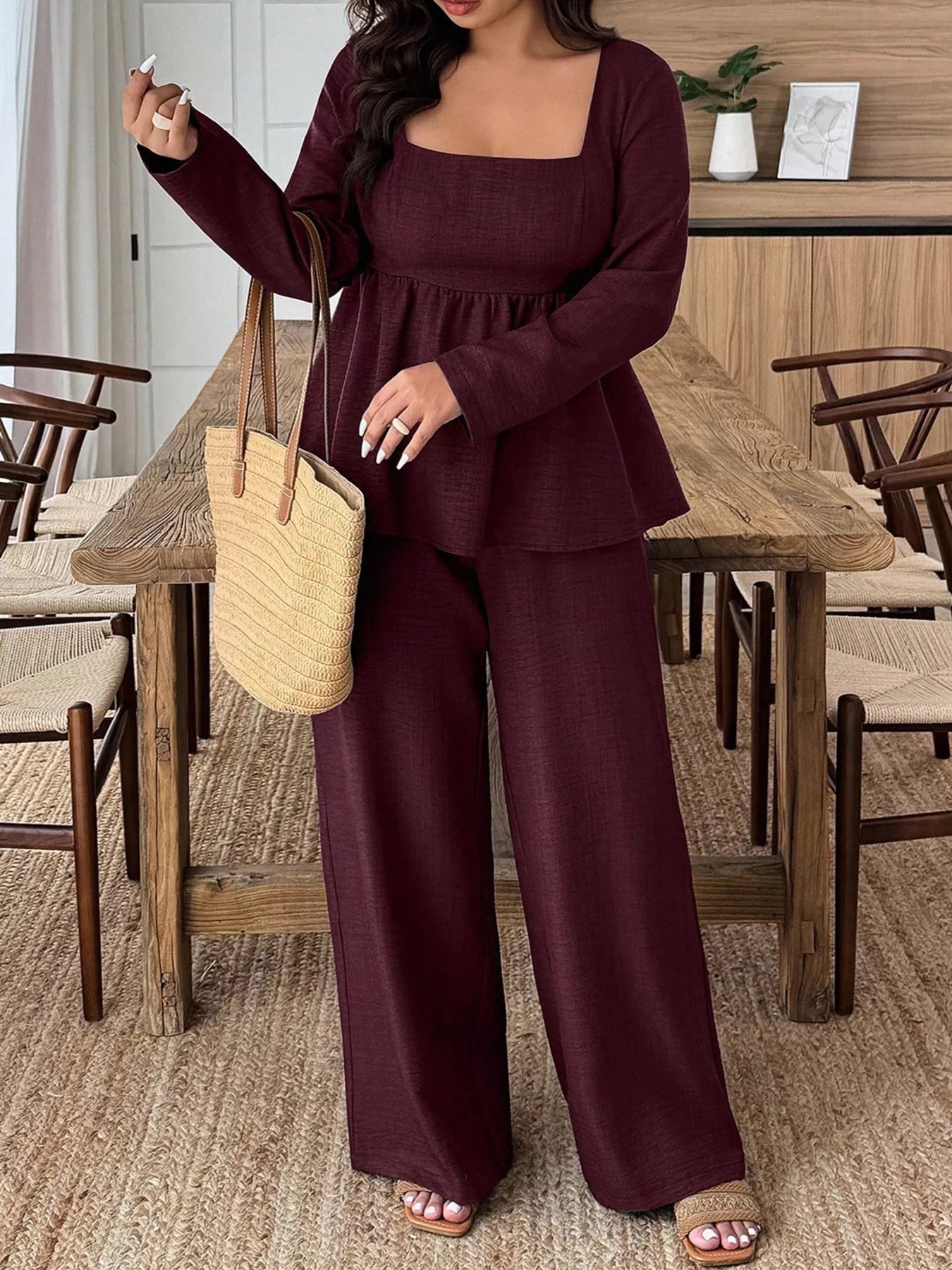 Plus Size Square Neck Long Sleeve Top and Pants Two-Piece Set
