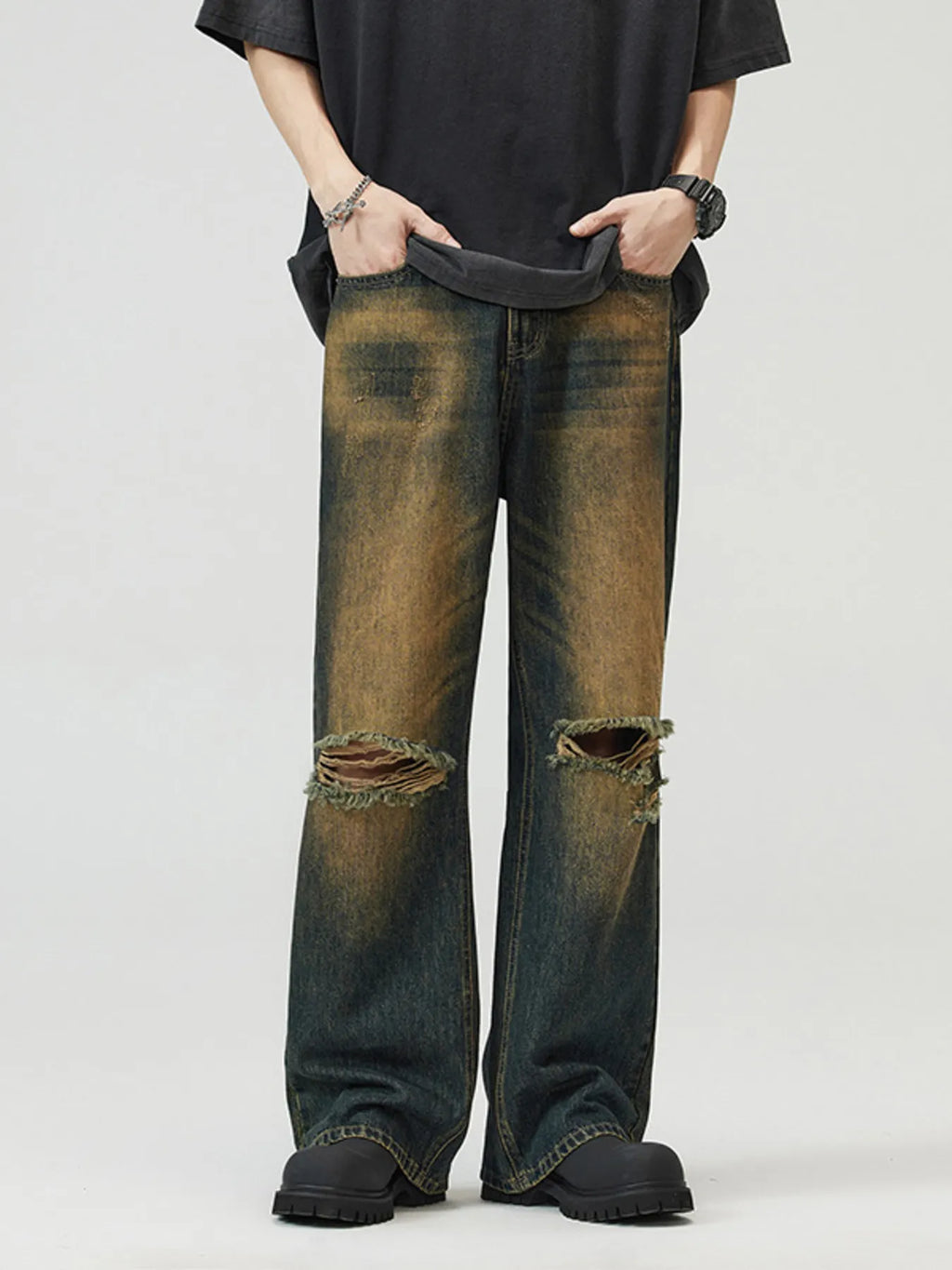 Men's Full Size Washed Distressed Wide Leg Jeans Plus Size