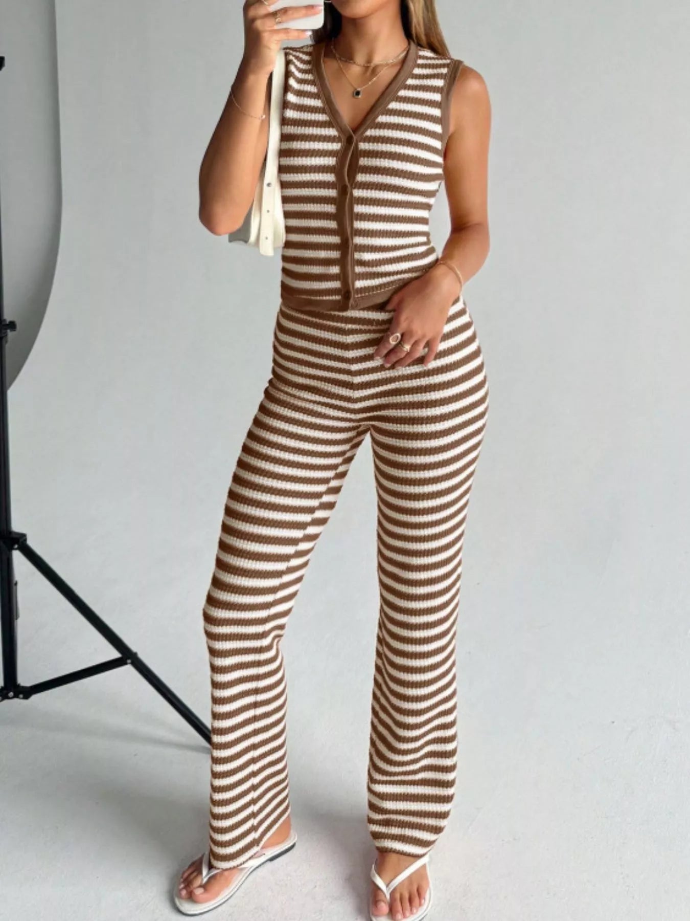 Striped Knit V-Neck Button-Up Sleeveless Top and Flare Pants Set