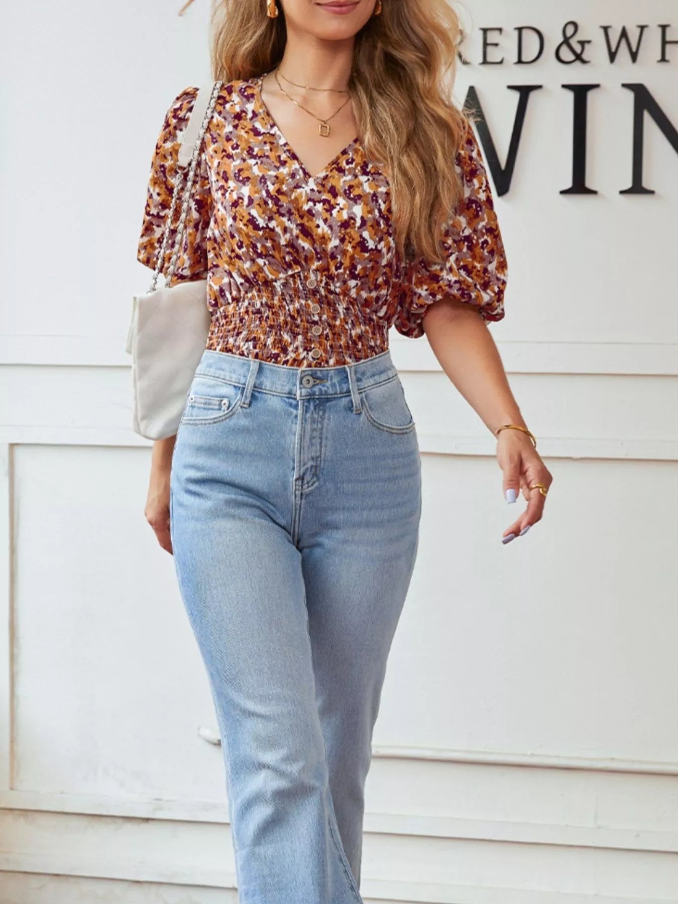 Abstract Print V Neck Smocked Babydoll Blouse