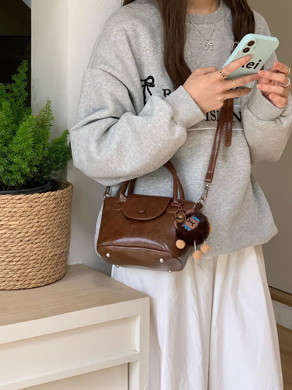Two-Tone Flap Decor Crossbody Bag with Charm