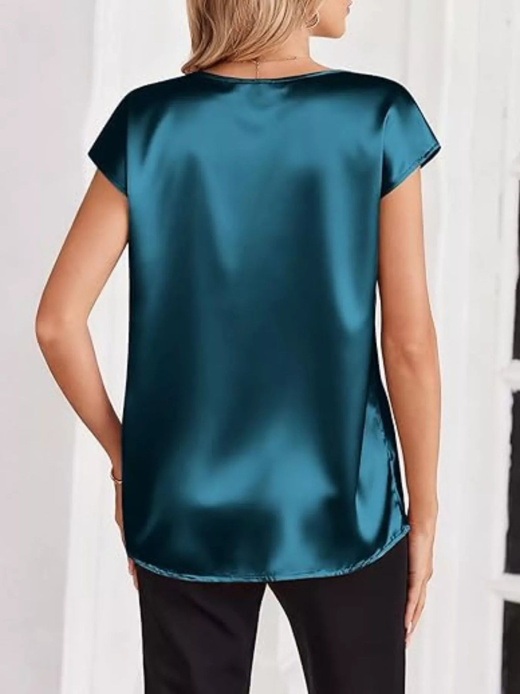 Satin V-Neck Short Sleeve Blouse