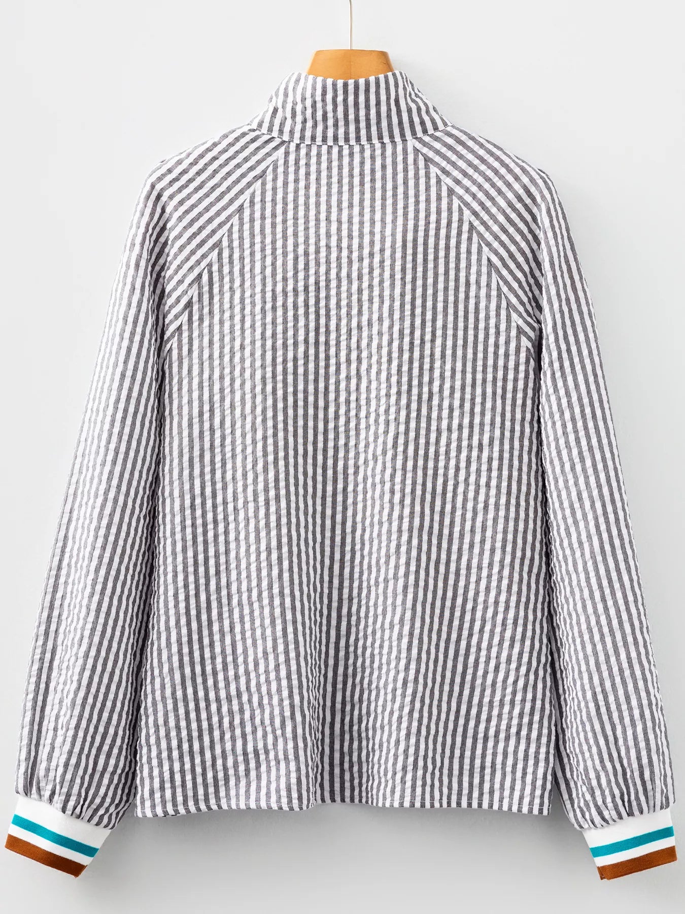 Striped Print Contrast Patchwork Detail Split Neck Blouse