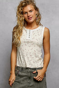 POL Vintage Floral Print Slim-Fit Knit Tank with Raw-Edge Details