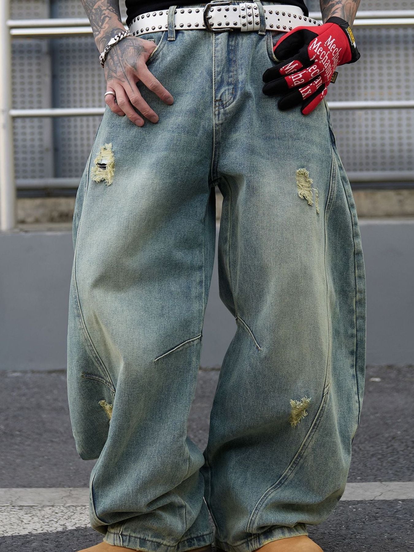Men's Full Size Distressed Wide Leg Jeans Plus Size