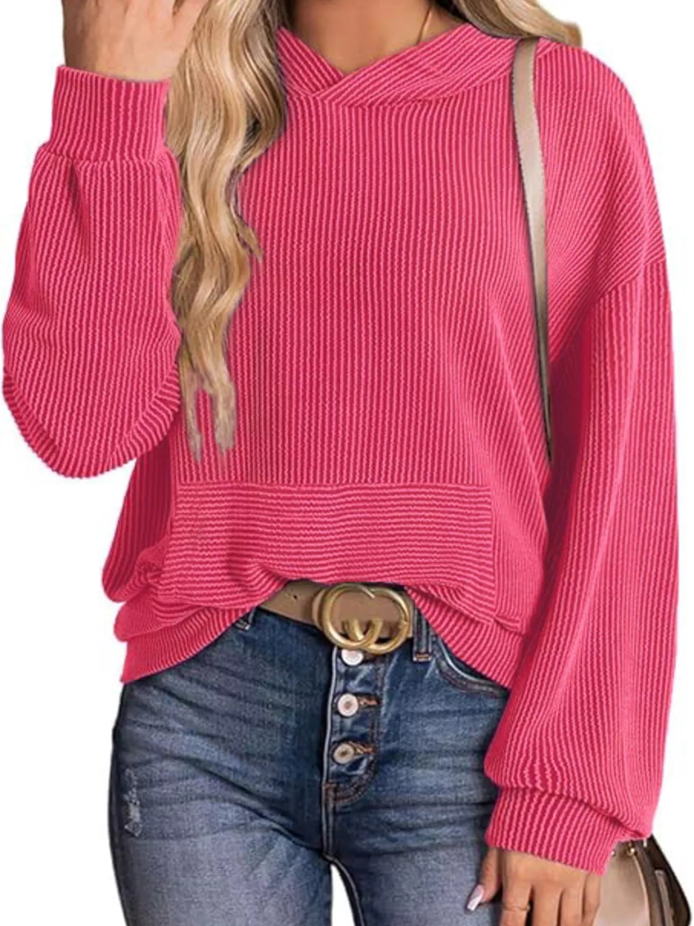 Ribbed Oversized Hoodie Sweatshirt with Pocket
