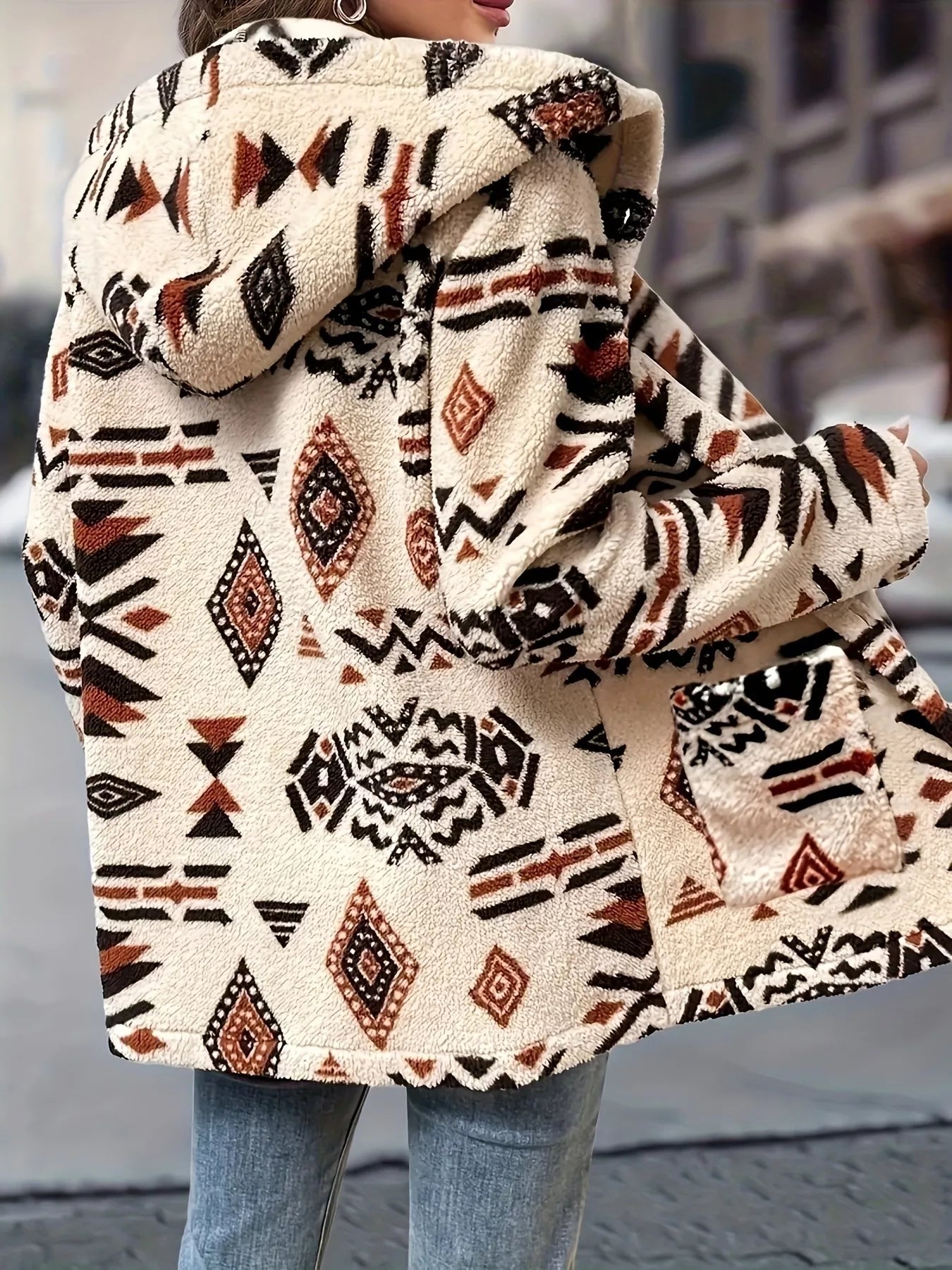 Ethnic Pattern Button-Up Fleece Outerwear
