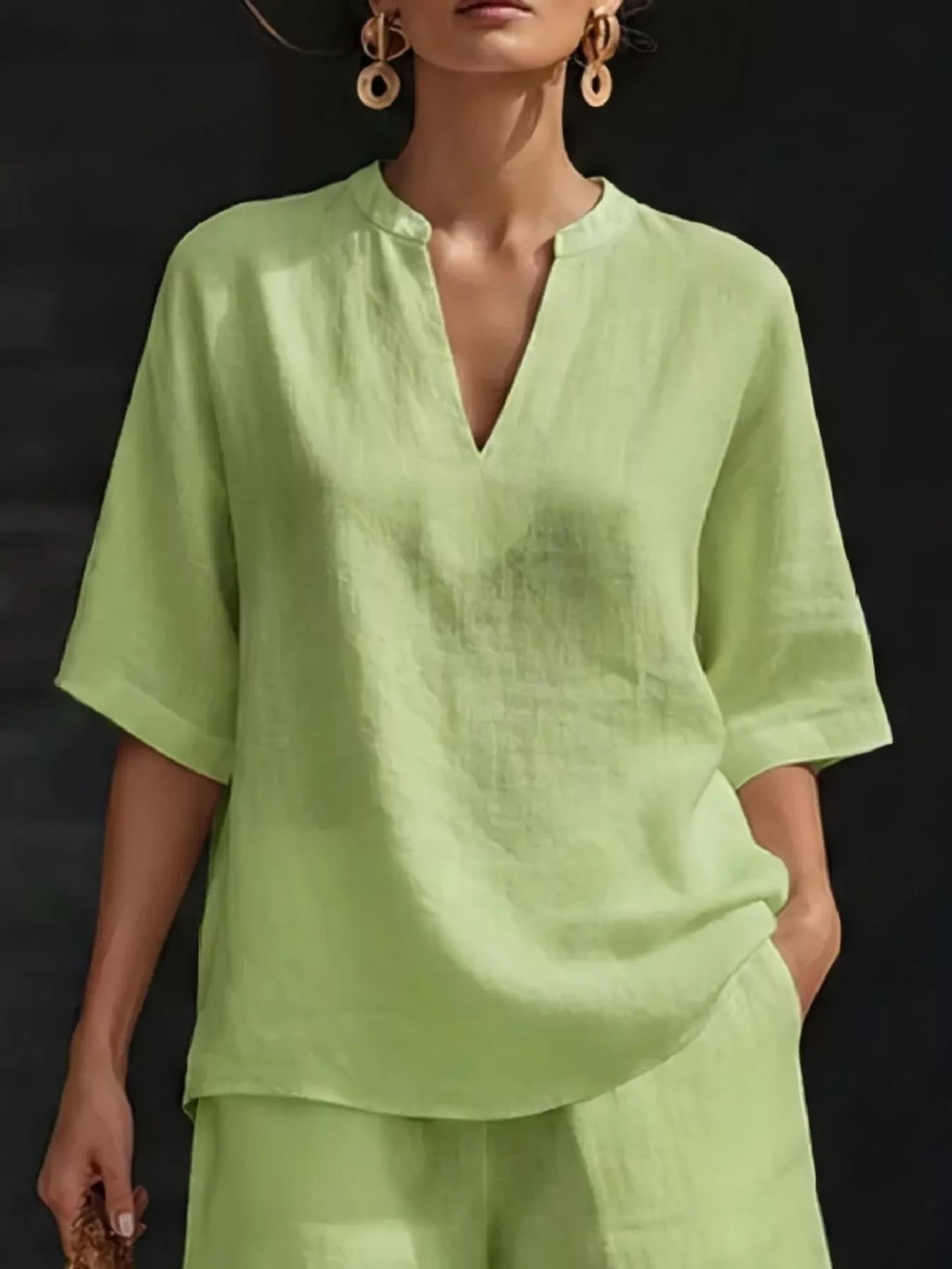 Full Size Notched Half Sleeve Top and Shorts Set Plus Size