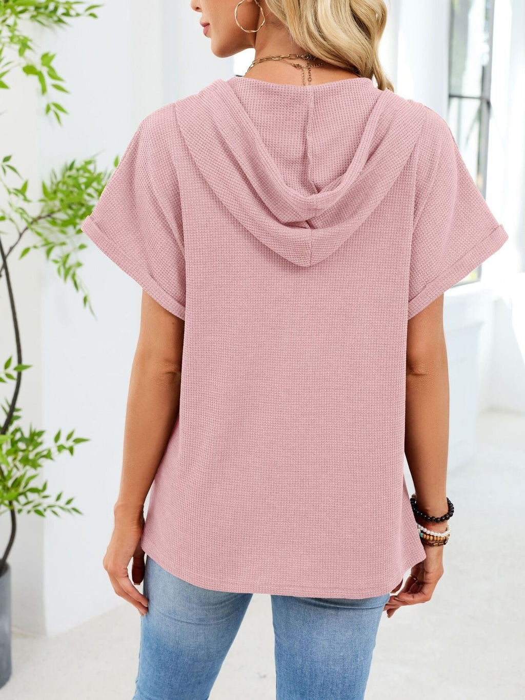 Casual Waffle Knit Button Detail Hooded Top
