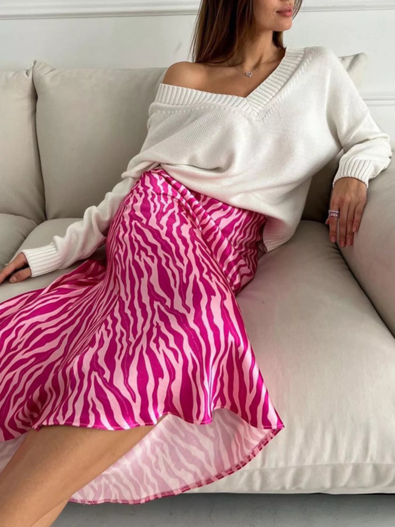 Satin Zebra Print Midi Skirt