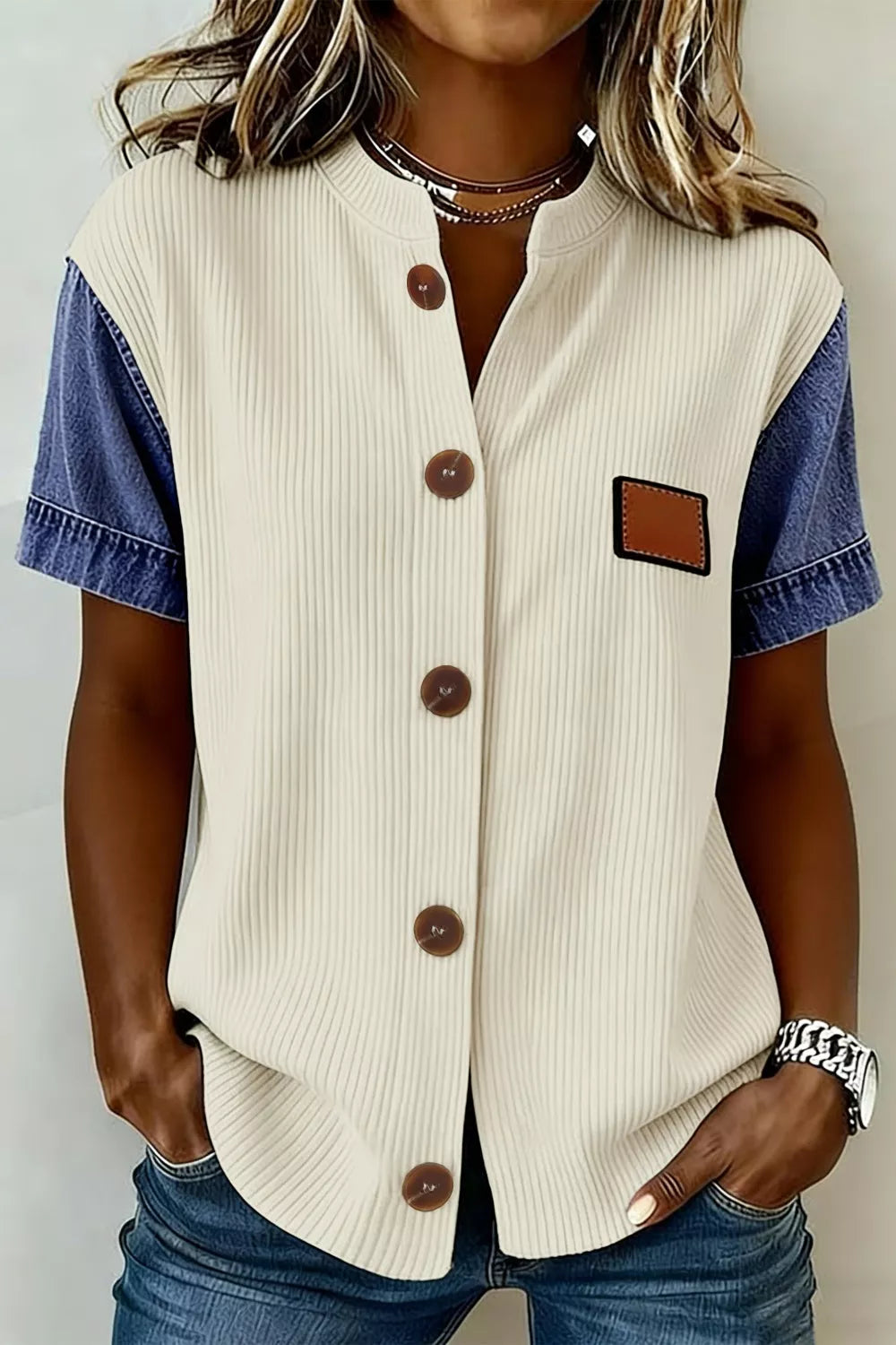Ribbed Knit Button-Down Shirt with Denim Sleeves