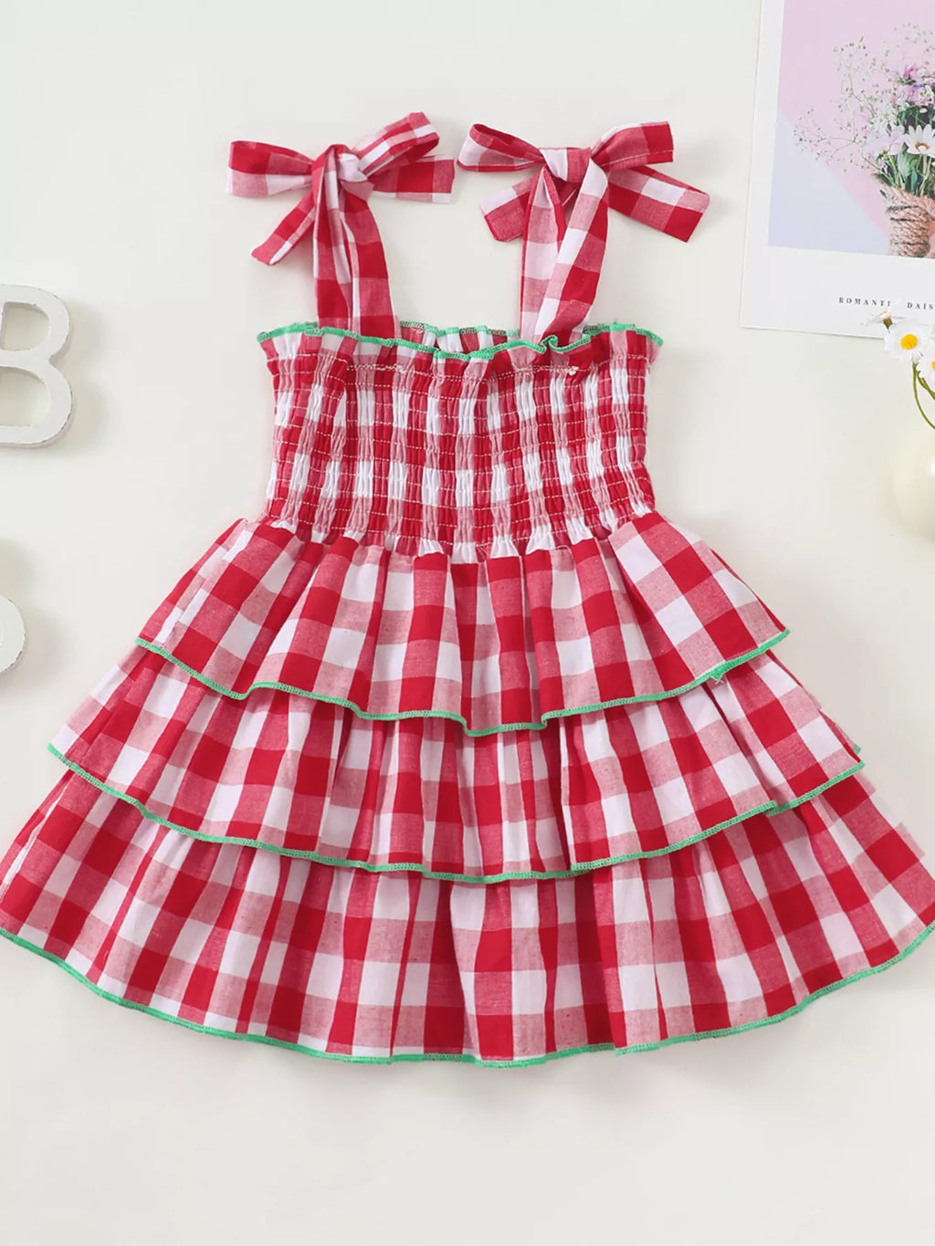 Children's Gingham Tiered Dress with Bow Tie Straps