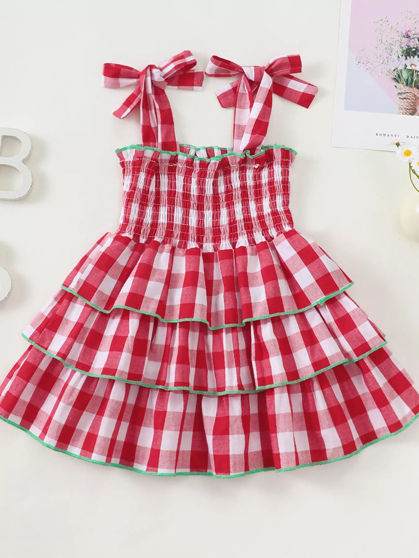Children's Gingham Tiered Dress with Bow Tie Straps