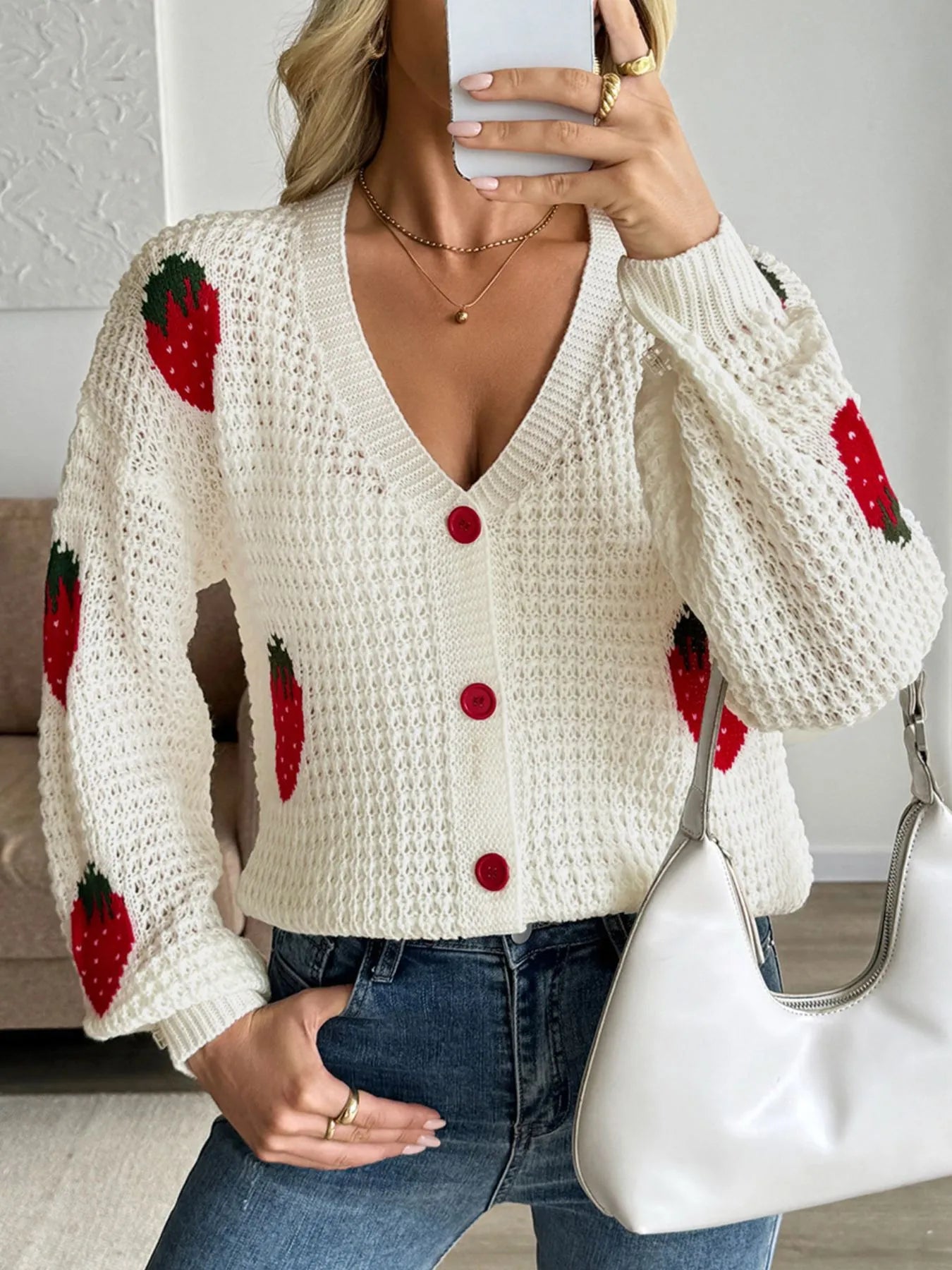 Strawberry Pattern V-Neck Button-Up Cardigan
