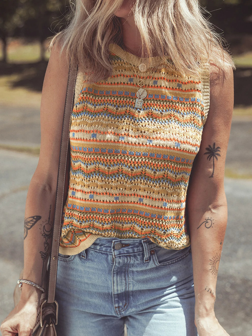 Stripe Eyelet Crochet Round Neck Sweater Vest