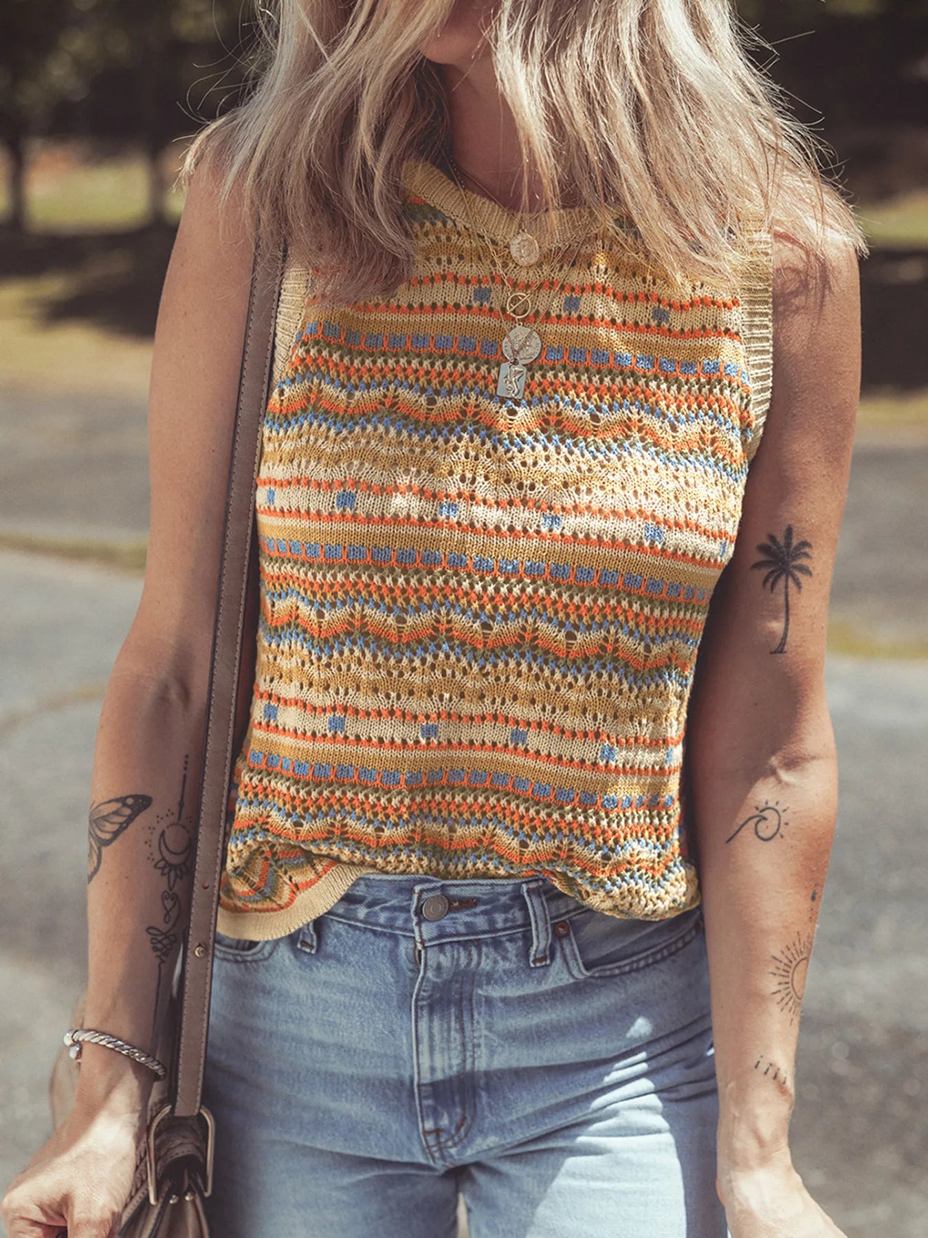 Stripe Eyelet Crochet Round Neck Sweater Vest