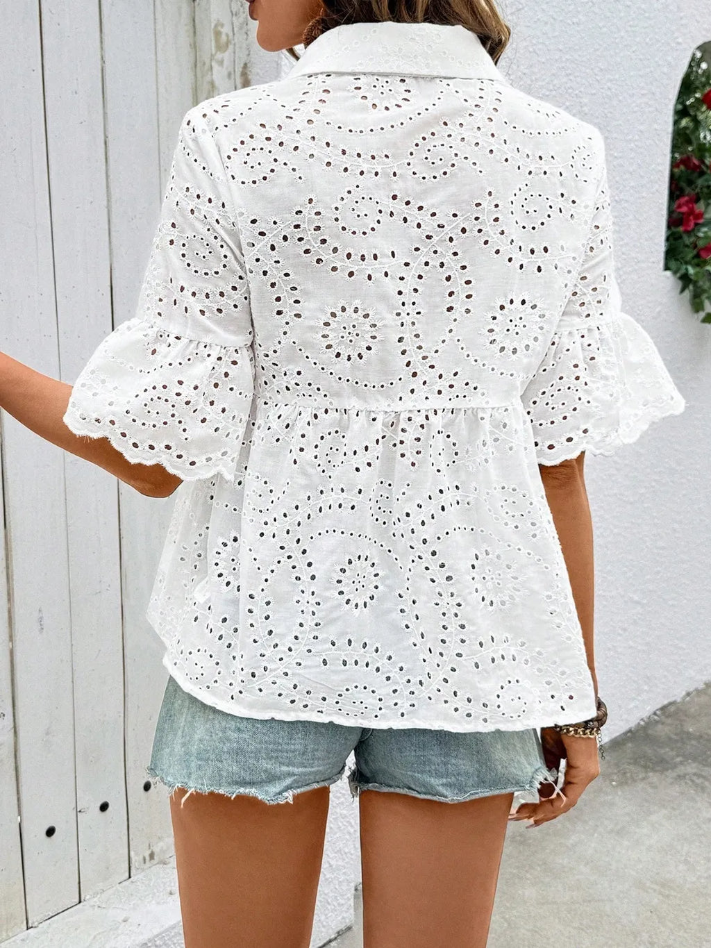 Eyelet Solid Collared Neck Half Sleeve Shirt