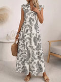 Printed Notched Ruffle Sleeve Maxi Dress