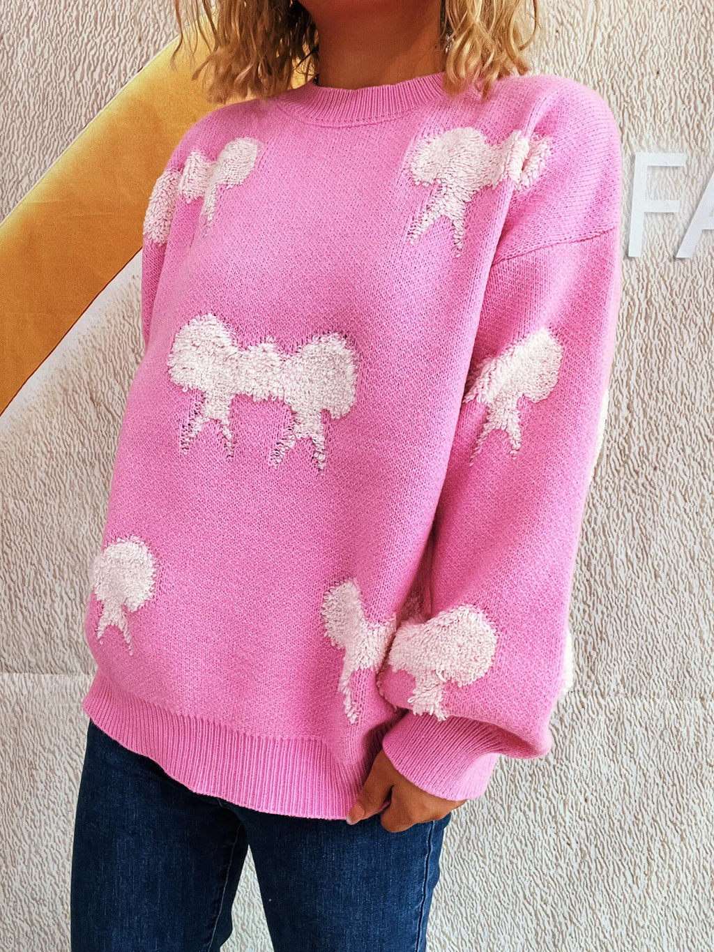 Bow Pattern Round Neck Sweater