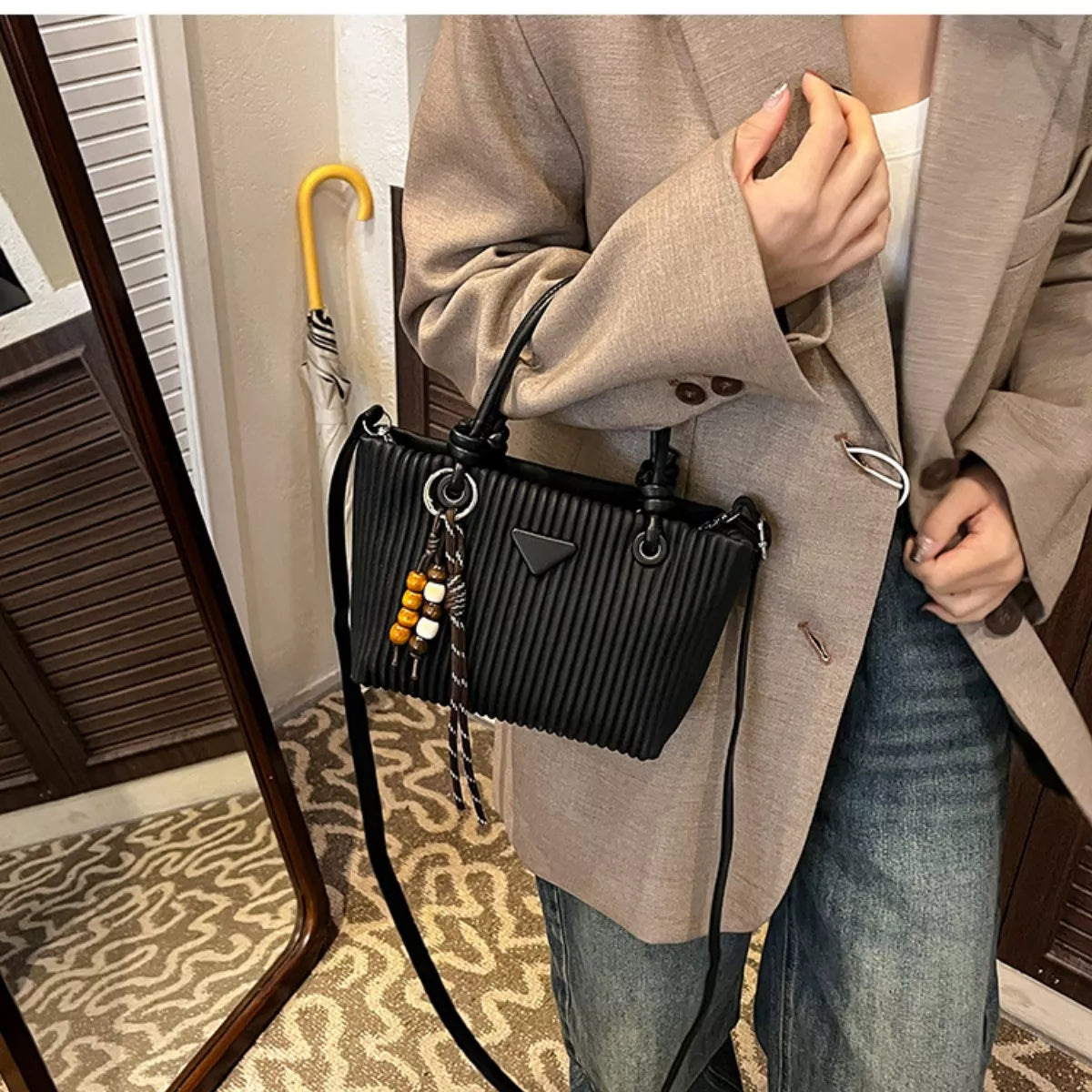 Textured Crossbody Bag with Top Handle